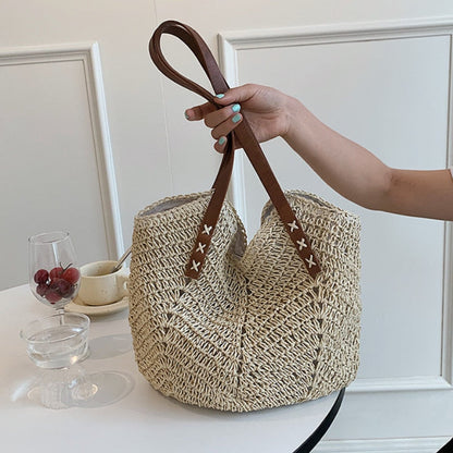 Realaiot Weave Tote Bag Female Bohemian Shoulder Bags for Women Summer Beach Straw Handbags and Purses Lady Travel Shopping Bags