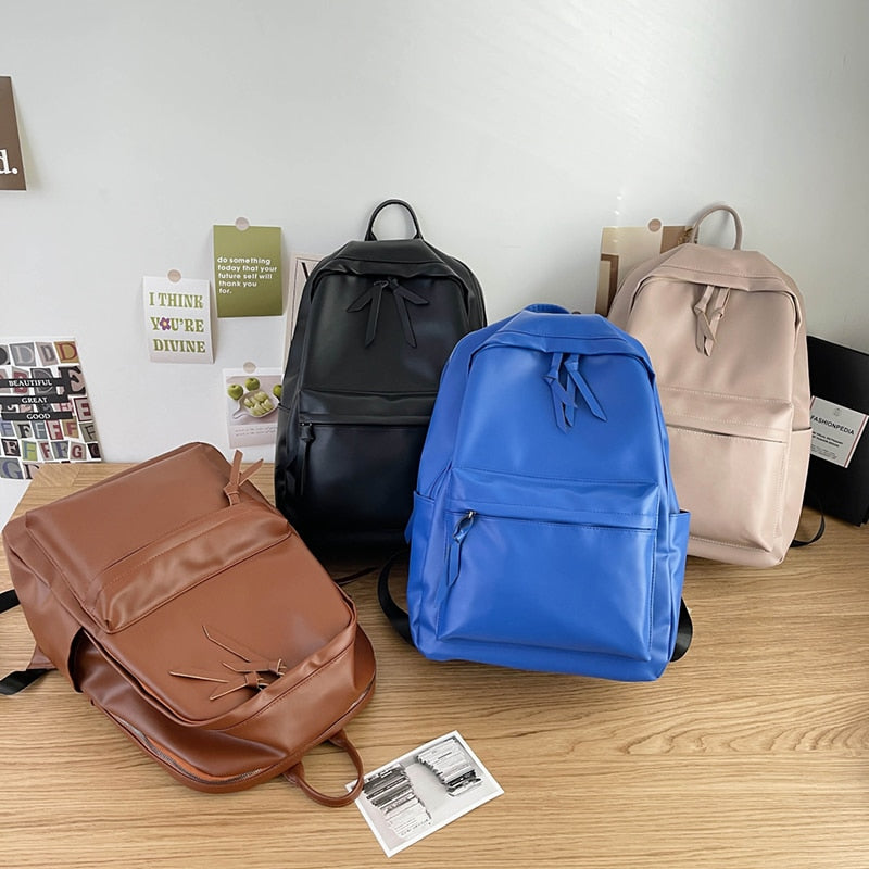 Realaiot Solid Color Pu Leather Women Backpack Simple School Bags For Teenager Girls Travel Shoulder Bags Unisex Laptop Backpack Mochilas