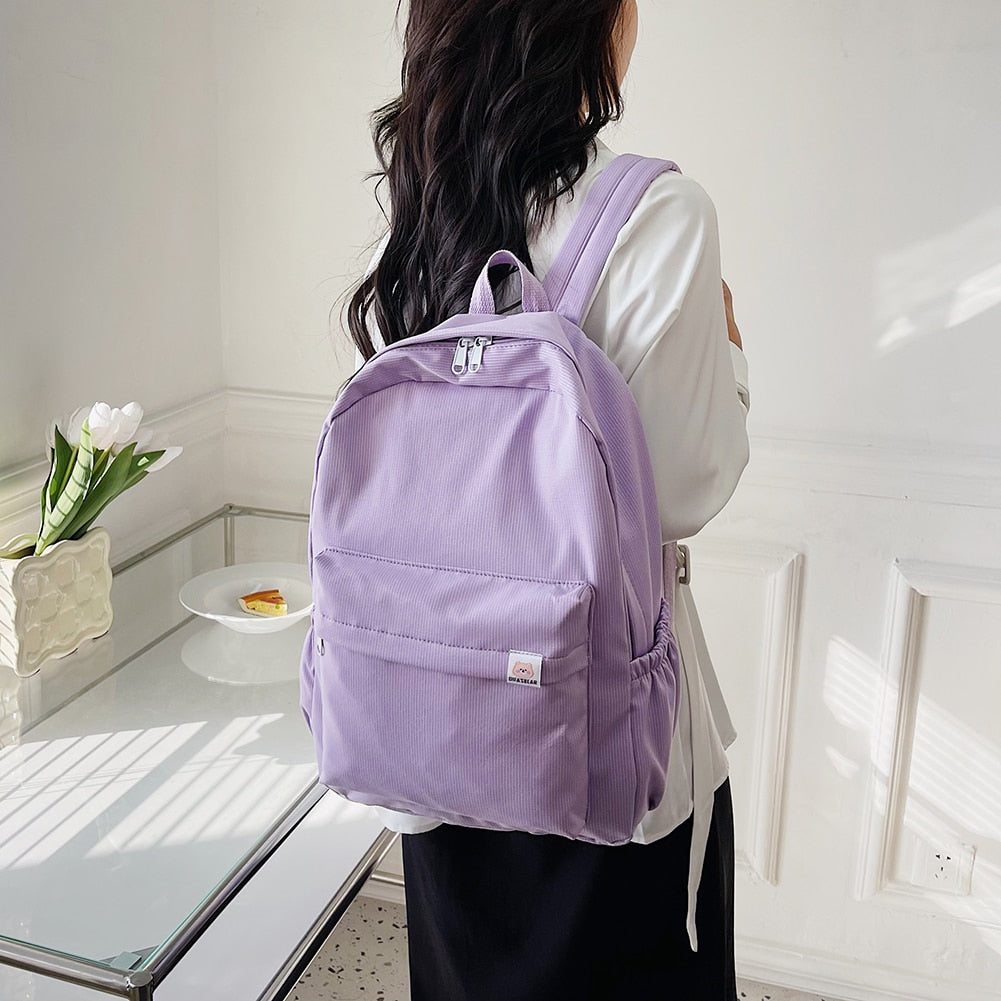 Realaiot 2pcs/set Women's Backpack Solid Color Female Multi-pocket Rucksack Casual Knapsack Student Schoolbag for Teenage Girls Bookbags