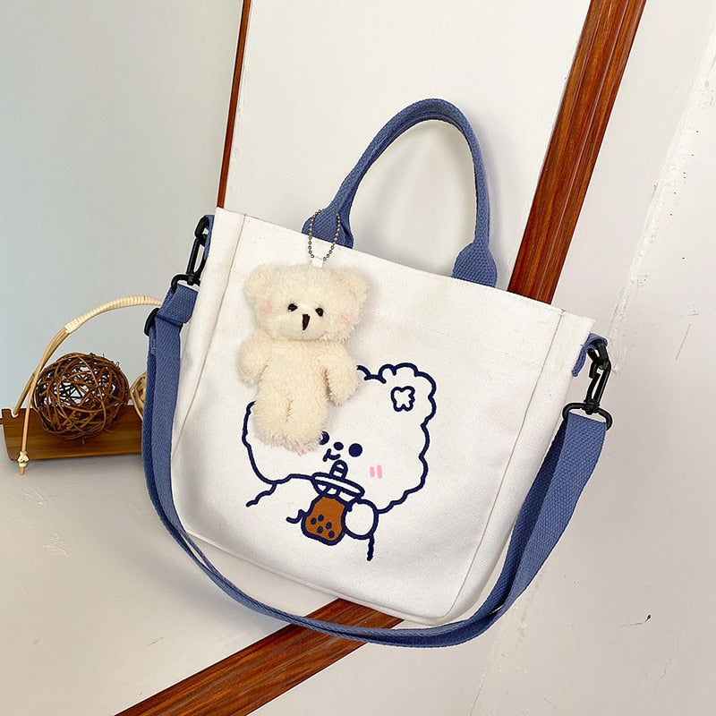 Realaiot Fashion Women Canvas Zipper Bag Cartoon Bear Print Student Tote Shoulder Messenger Bag Satchel Travel Purse Handbag New