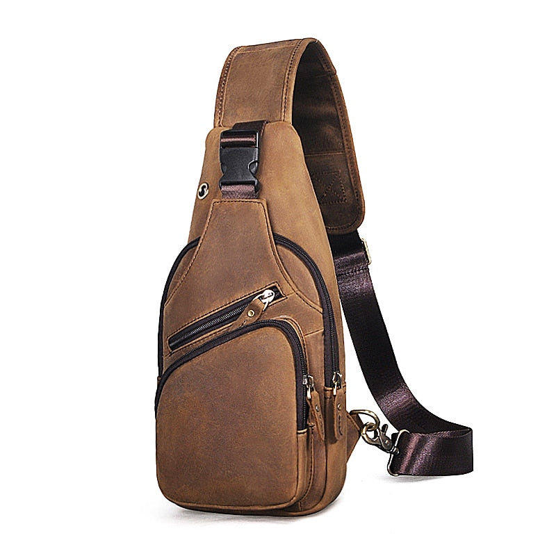 Realaiot Top Quality Crazy horse Leather Triangle Crossbody Chest Sling Bag For Men Design Travel One Shoulder Bag Daypack Male