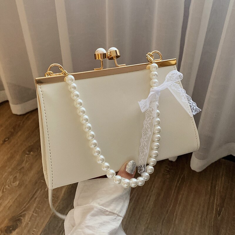 Realaiot Vintage Shoulder Bags Women Fashion Pearl Chain Handbag Kiss Lock Designed Brand Women Small Clip Bags Sac Feminina Bolsa