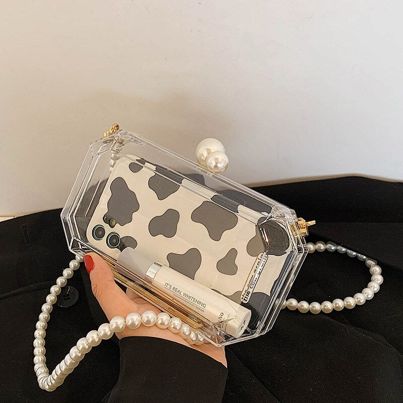 Realaiot Fashion Clear Acrylic Box Clutch Purse Women Transparent Handbag Plastic Barrel Shaped Bag Girl Party Bag with Pearl Chain