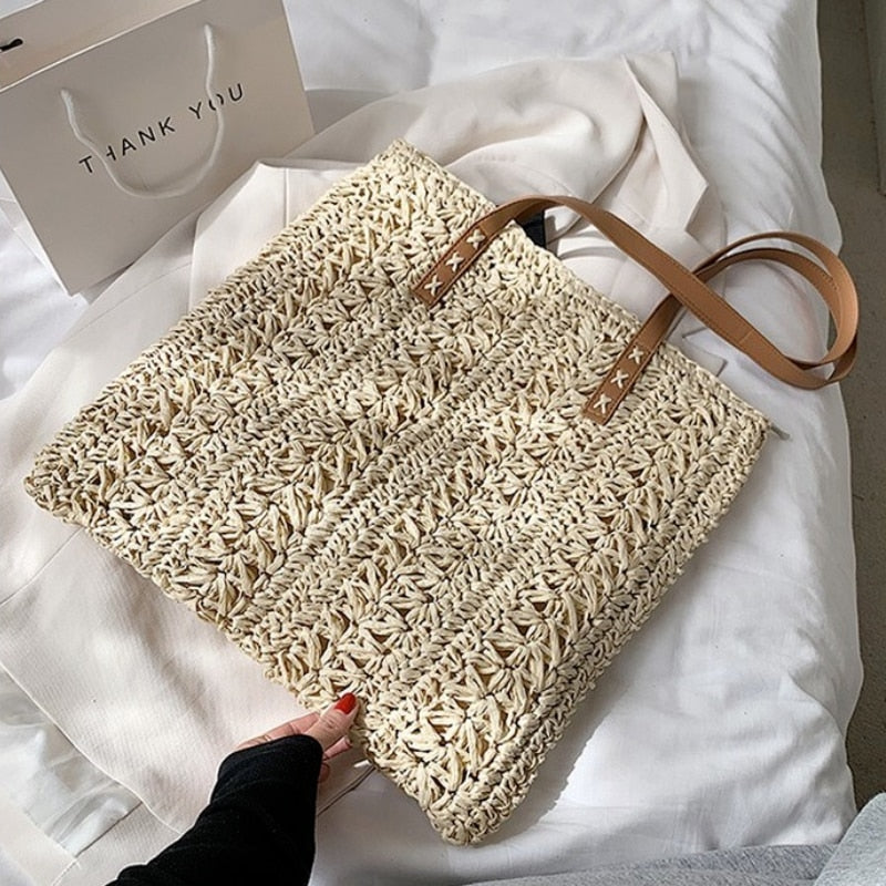 Realaiot Square Hollow Straw Beach Bag Handmade Woven Shoulder Bag Raffia Rattan Shopping Travel Bag Bohemian Summer Vacation Casual Tote