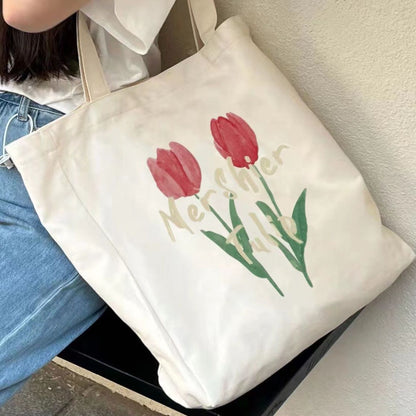 Realaiot Women Canvas Large Capacity Cotton Reusable Shoulder Bag Tulips Printing Ladies Casual Handbag Tote Bag Shopping Beach Bag