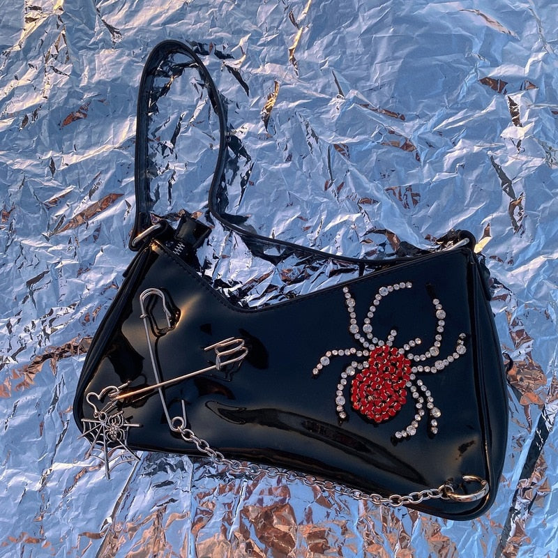 Cyflymder Punk Gothic Shoulder Bag Harajuku Patent Leather Shiny Diamond Spider Irregular Womens Bag With Chain Ladies Handbag