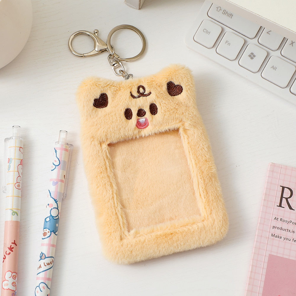 Realaiot Korea Cute Bear Rabbit Plush Photocard Holder Kawaii Kpop Idol Photo Sleeve Case ID Card Cover With Keychain Bag Pendant Decor