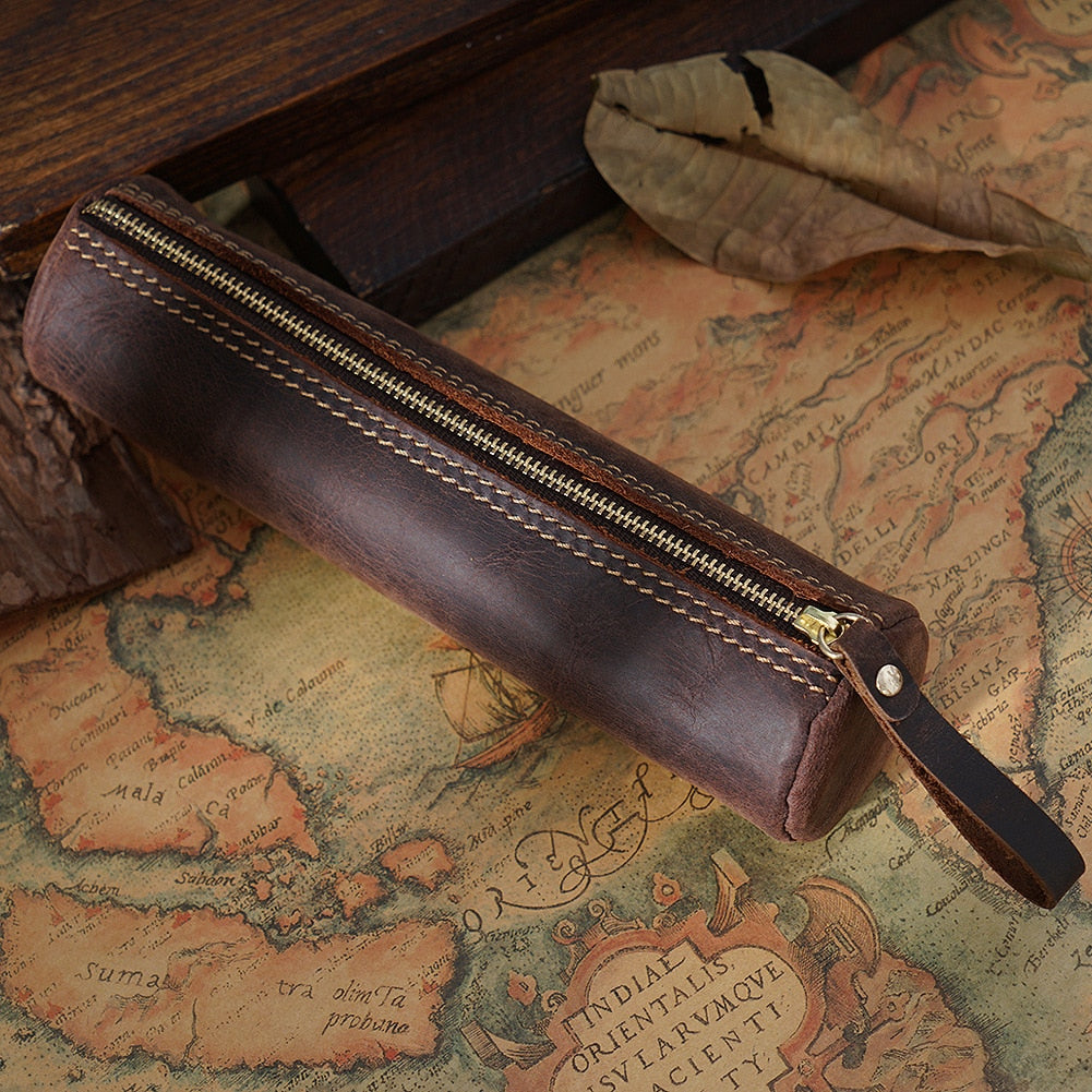 Cyflymder Retro Genuine Leather Pencil Bag Fountain Pen Storage Case Handmade Student Pen Bag Stationery Holder Office School Supplies