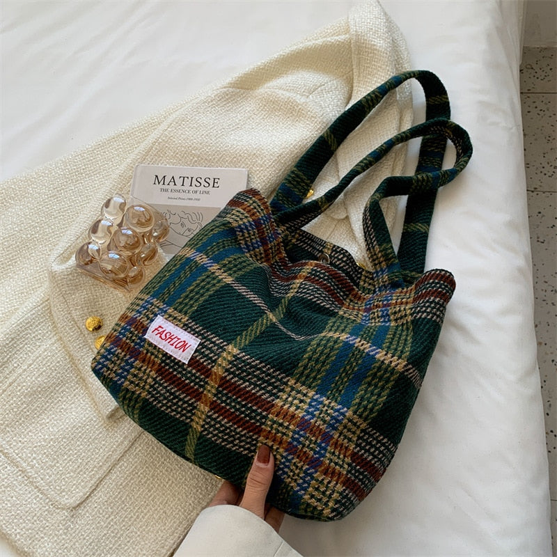 Realaiot Tote Women's Bag Shoulder Wool Shopper Bags For Women Large Capacity Autumn Winter New Soft Plaid Ladies Travel Designer Handbag