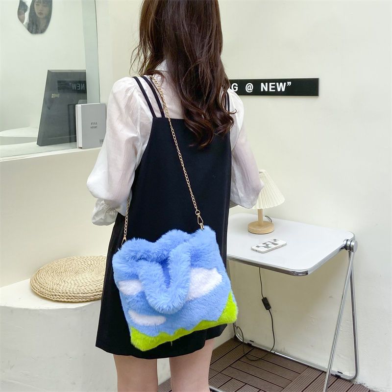 Realaiot Cute Soft Plush Women's Shoulder Bag Cartoon Sky Clouds Female Girls Small Tote Handbags Colorful Pattern Winter Messenger Bags