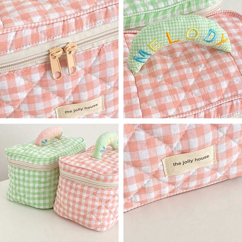 Cyflymder Plaid Pattern Toiletries Case Flip Makeup Bag With Zipper Quilted Cotton Cosmetics Storage Box For Woman And Girls