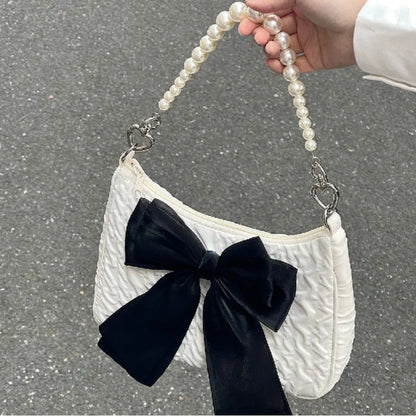 Realaiot Vintage Bowknot Women Underarm Bags Faux Pearl Chain Ladies Shoulder Crossbody Bag Female Soft Nylon Purse Small Tote Handbags