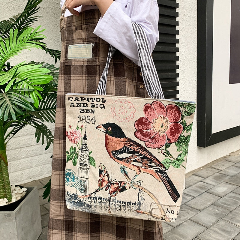 Realaiot Fresh Butterfly Printed Tote Bag For Women Linen Faric Bag Ladies Shoulder Bag Outdoor Casual Tote Foldable Shopping Bag