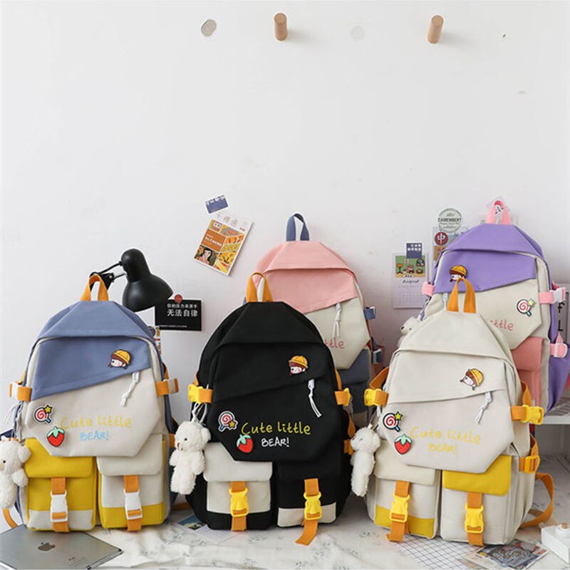 Realaiot 5 PCS Backpack for Middle School Students Female Korean Version Large Capacity Schoolbag for Grade 3-6 Primary School Students