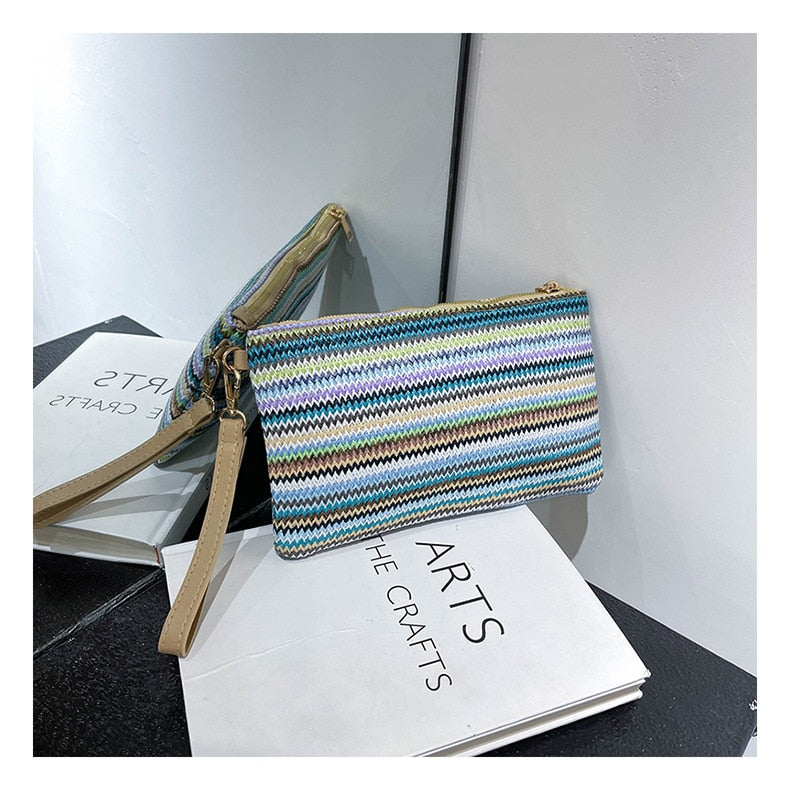 Realaiot Colorful Wave Straw Woven Bag Women's Flip Clutch Bag Summer Beach Handbag Hand-woven Bag Mobile Phone Bag Female Purse Wallet