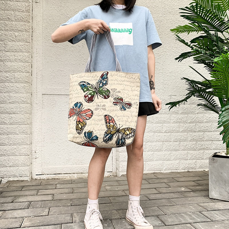 Realaiot Fresh Butterfly Printed Tote Bag For Women Linen Faric Bag Ladies Shoulder Bag Outdoor Casual Tote Foldable Shopping Bag