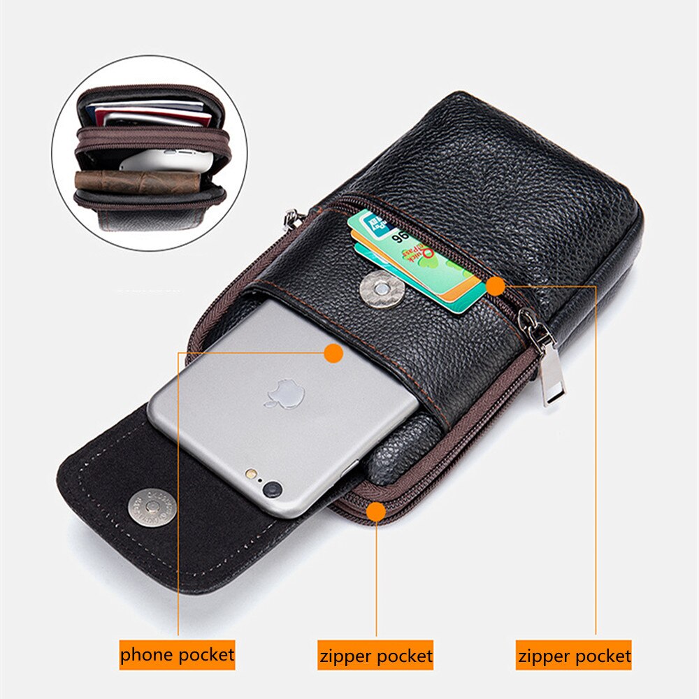 Cyflymder Men's Genuine Leather Mobile Phone Bag Belt Pockets Fanny Packs Mini Waist Bag for Men Crossbody Cell Phone Money Male Bag