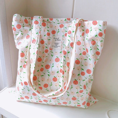 Realaiot Women Canvas Shopping Bag Floral Print Books Bag Female Cotton Cloth Shoulder Bag Eco Handbag Tote Reusable Grocery Shopper Bags