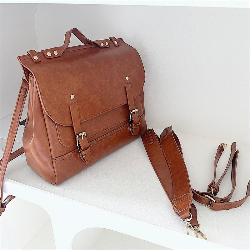 Realaiot Vintage Pu Leather Women's Small Backpack Shoulder Bag College Style Ladies Messenger Bag Retro Girls Book Tote Casual Handbags