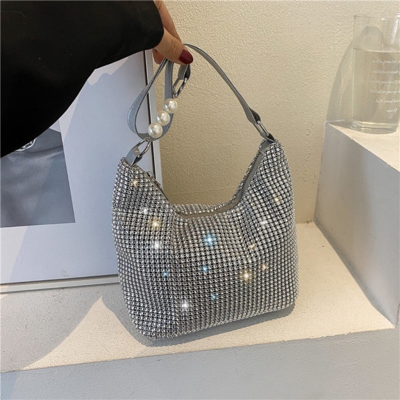 Realaiot Women INS Fashion Rhinestone Square Bag Ladies Messenger Bag Designer Pearl Chain Shoulder Corssbody Bags 苤�邾郕訄 �迮郇�郕訄� �訄迣迮�