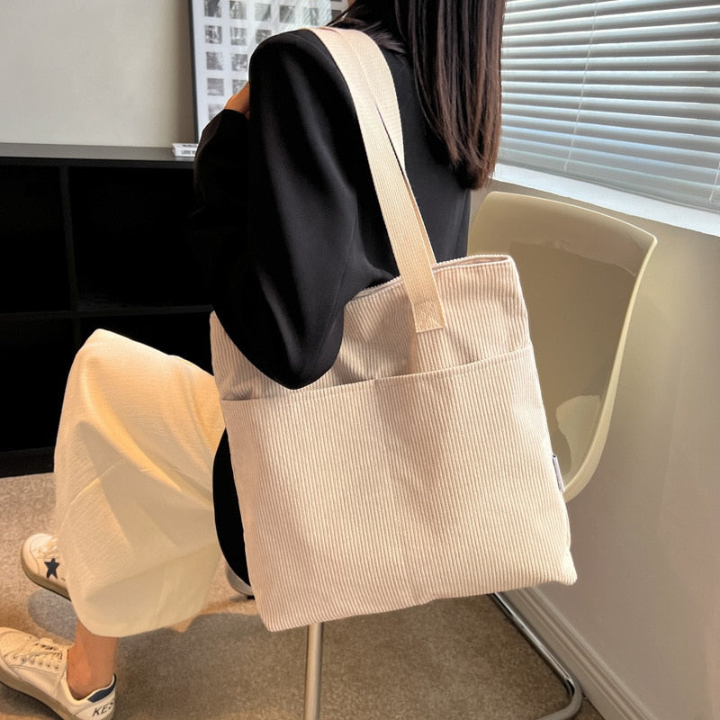 Cyflymder Large Tote Shopper Bag for Women Kpop Girl Student Corduroy Shoulder Shopping Bags Eco Female Handbags Gift Japanese Solid