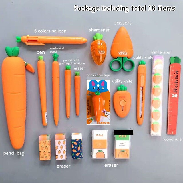 Realaiot Creative Carrot Series Silicone Soft Pencil Case Penholder Organizer Bag Kawaii Stationery Set Kids Birthday Gift