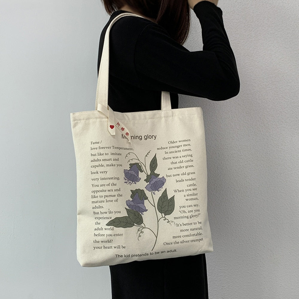 Realaiot Women's Style Canvas Shopping Bag Retro Simple Shoulder Illustration Flowers Tote Bag Pattern Printing Large Capacity Handbag