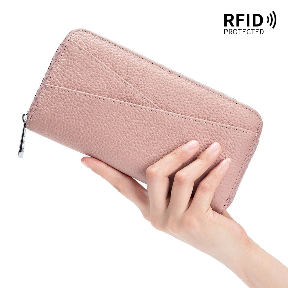 Cyflymder New Women Genuine Leather Wallets Female Long RFID Folding Purses Fashion Soft Cowhide Wallet Phone Purse Coin Bag Card Holders