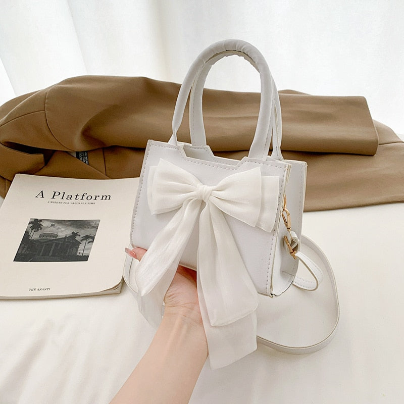 Realaiot White Bowknot Women's Portable Shoulder Bag Big Bow Design Ladies Underarm Bags Solid Color PU Leather Female Small Tote Handbag