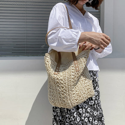 Realaiot Summer Large Capacity Straw Woven Shoulder Bag Hollow Design Beach Bags Travel Casual Lady Shopping Totes Fashion Clutch Handbag