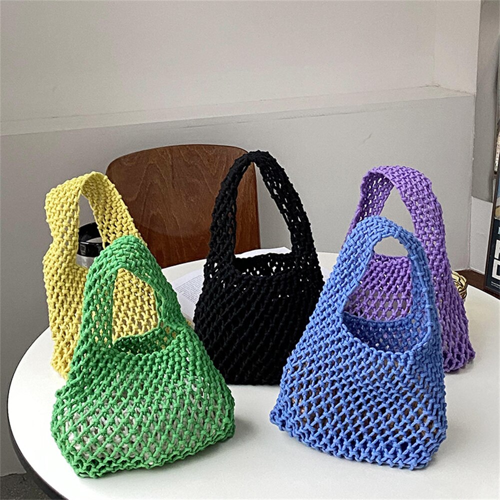 Realaiot Women Summer Fashion Knitting Small Woven Crochet Bag Silk Weaving Satin Ribbon Green Purple Orange ClutchesMini Handbags Gifts for Women