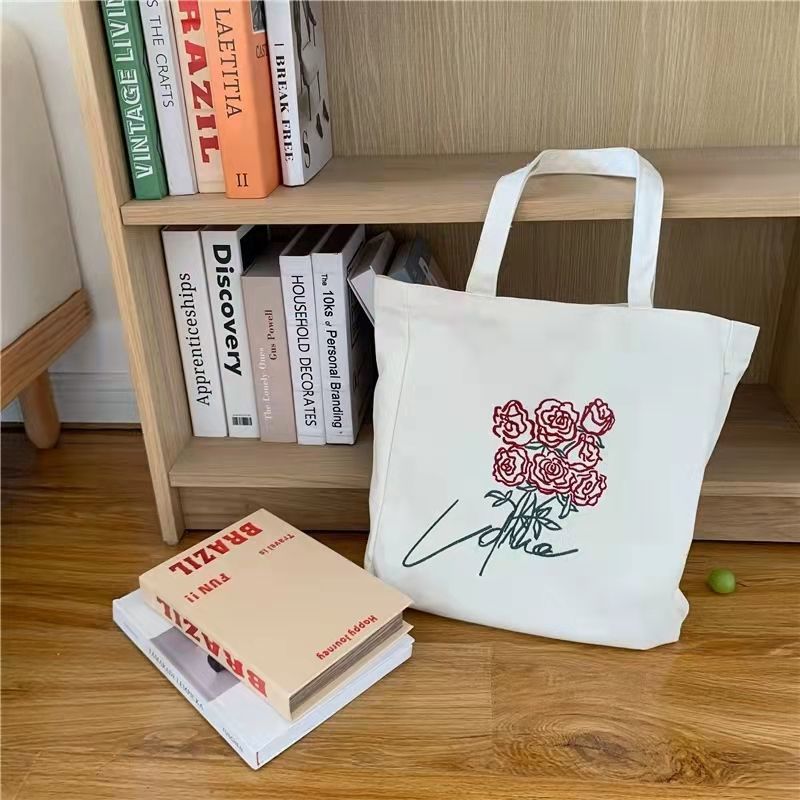 Realaiot Women Canvas Shoulder Bag Rose Printing Ladies Casual Handbag Tote Bag Large Capacity Cotton Reusable Shopping Beach Bag