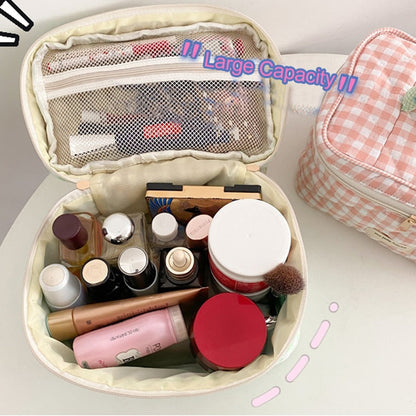 Cyflymder Plaid Pattern Toiletries Case Flip Makeup Bag With Zipper Quilted Cotton Cosmetics Storage Box For Woman And Girls