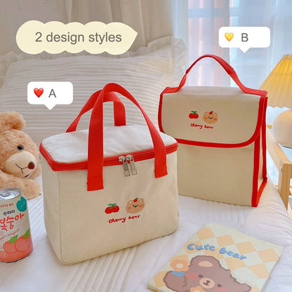 Realaiot Kawaii Bear Lunch Bags For Women Kids Girl Cute Korean Canvas Insulated Portable Picnic Tote Food Storage Bags For Office Lady