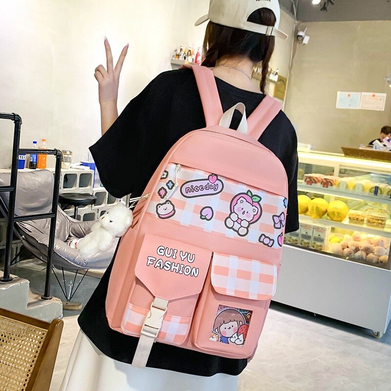 Realaiot 5Pcs/Set Cute Canvas Women School Backpacks for Teenage Girls Book Bag Student High Quality Travel Laptop Backpack Female