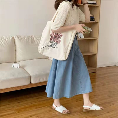 Realaiot Women Canvas Shoulder Bag Rose Printing Ladies Casual Handbag Tote Bag Large Capacity Cotton Reusable Shopping Beach Bag