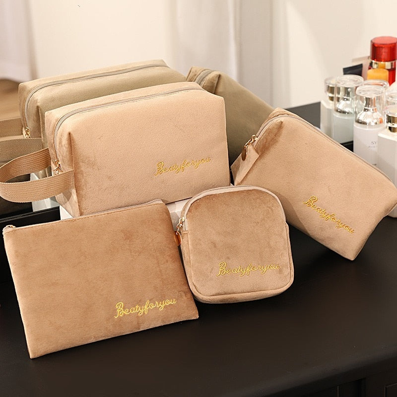 Realaiot 4pics Set Velvet Cosmetic Bag Ins Fashion Letter Embroidered Cosmetic Storage Bags Women Portable Travel Makeup Box