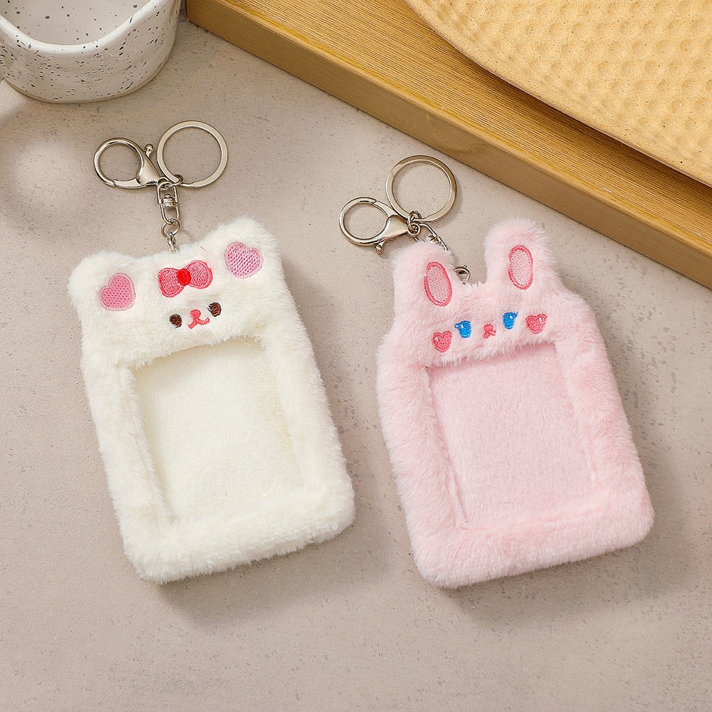 Realaiot Korea Cute Bear Rabbit Plush Photocard Holder Kawaii Kpop Idol Photo Sleeve Case ID Card Cover With Keychain Bag Pendant Decor