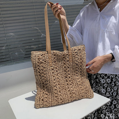 Realaiot Summer Large Capacity Straw Woven Shoulder Bag Hollow Design Beach Bags Travel Casual Lady Shopping Totes Fashion Clutch Handbag