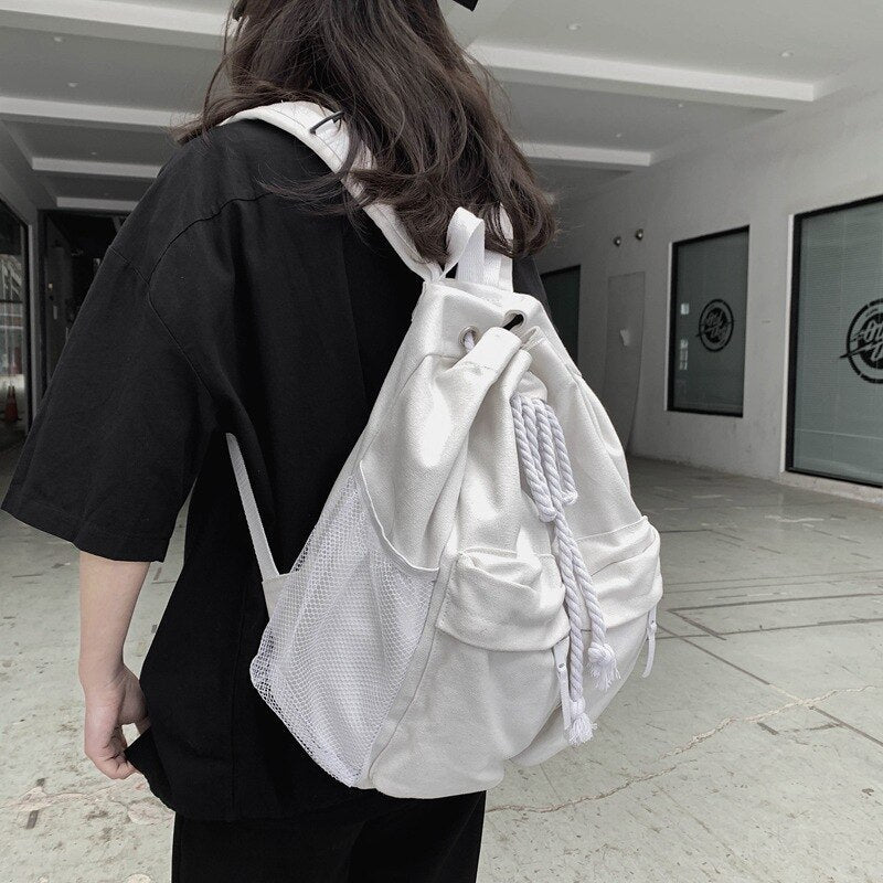 Realaiot Casual Canvas women backpack schoolbag harajuku Drawstring female Backpacks Large capacity laptop bag Travel Daypack bagpack