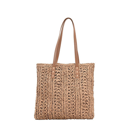 Realaiot Square Hollow Straw Beach Bag Handmade Woven Shoulder Bag Raffia Rattan Shopping Travel Bag Bohemian Summer Vacation Casual Tote