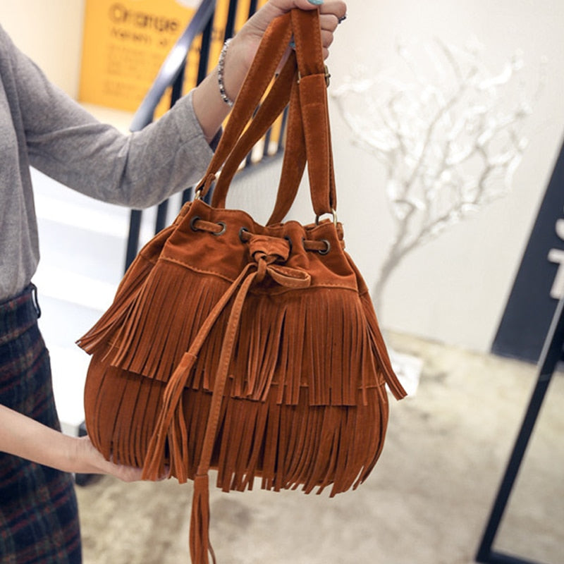 Realaiot Fashion Retro Faux Suede Fringe Women Messenger Bags Tote New Handbag Tassel Shoulder Handbags Crossbody Bag Tassel Bucket