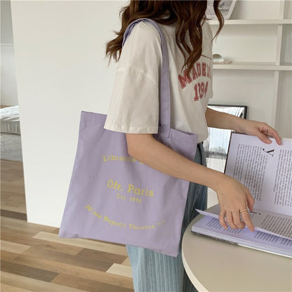 Realaiot Women Canvas Shoulder Bag Paris Letter Print Ladies Casual Handbag Tote Bag Reusable Large Capacity Cotton Shopping Beach Bag