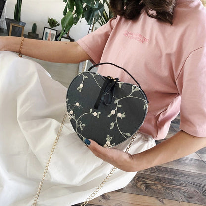 Realaiot Female Sweet Lace Heart Round Handbags High Quality PU Leather Cross Body Bags for Women Small Fresh Flower Chain Shoulder Bags