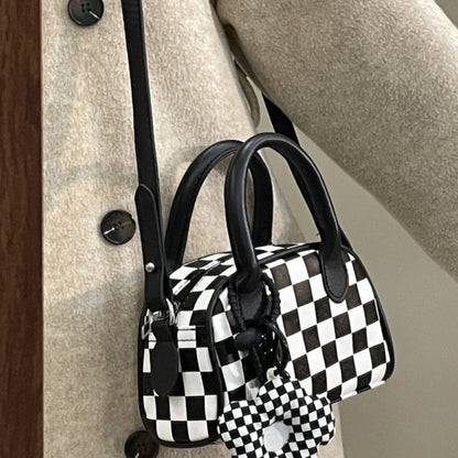 Realaiot Black White Plaid Boston Bag Checkerboard Small Handbags For Women With Flower Pendant Messenger Bag Female Womens Pouch