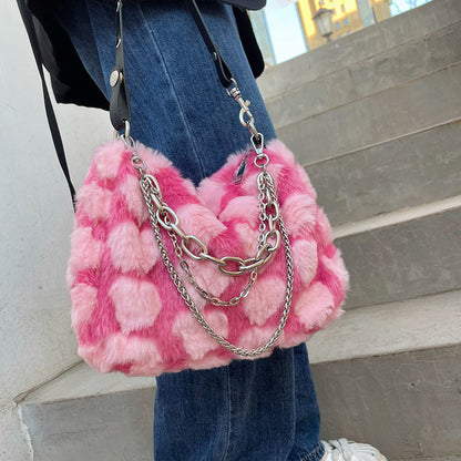 Realaiot Y2k Hot Girls Pink Love Underarm Bags Soft Plush Heart Pattern Ladies Shoulder Bag Female Chain Furry Crossbody Bag Handbags