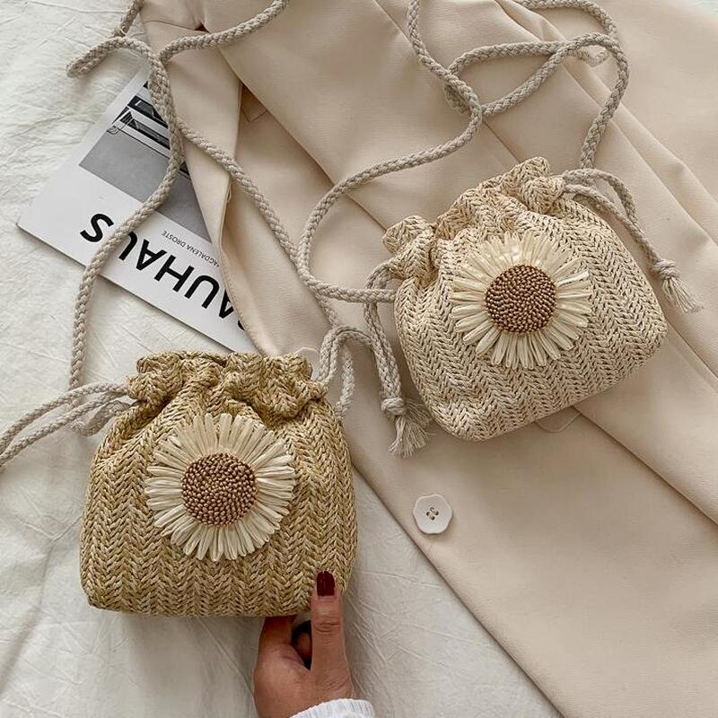 Realaiot Creative Design Women Beach Straw Bags Classic Texture Chic Sunflower Drawstring Woven Bucket Crossbody Shoulder Messenger Pouch