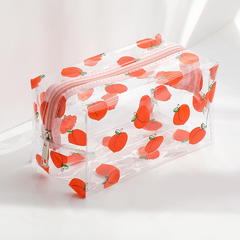 Realaiot Clear Makeup Bag Fashion Transparent Travel Portable Mini Wash Storage Bags Strawberry Flower Print Women Zipper Cosmetic Bag