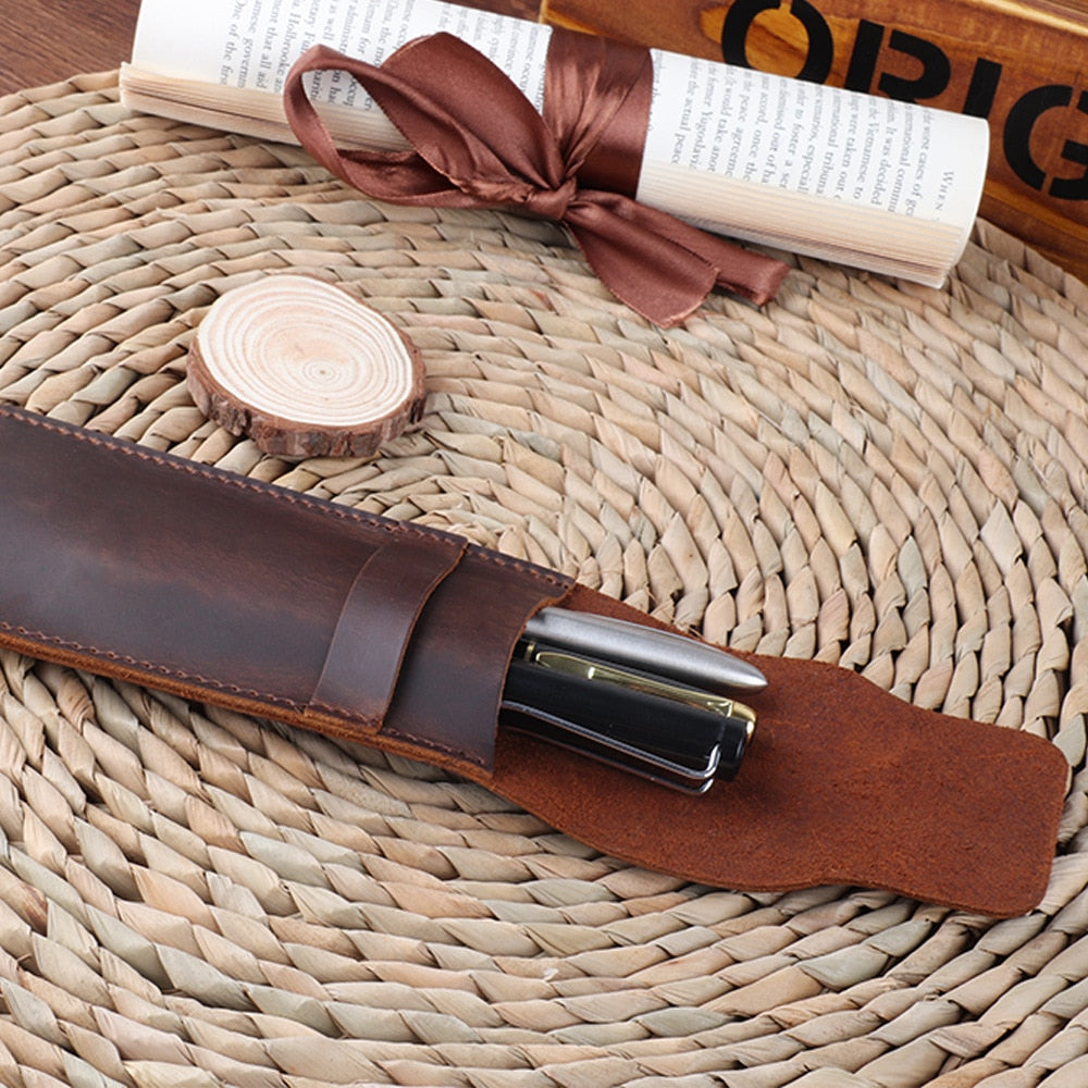 Cyflymder Personality Retro Handmade Leather Pencil Bag Fountain Pen Protective Cover Genuine Leather Pen Case Men Office Supplies