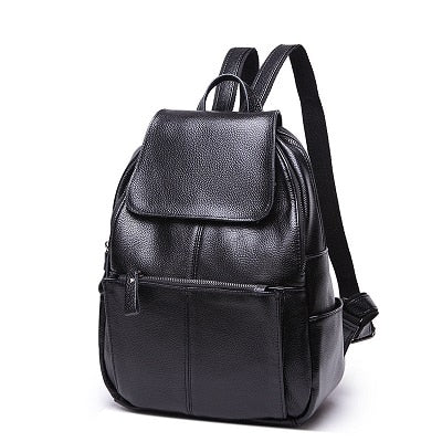 Realaiot Women Backpacks Fashion Genuine Leather Travel Bag Solid Large Capacity School Bag Black Cowhide Backpack Rucksack for Women